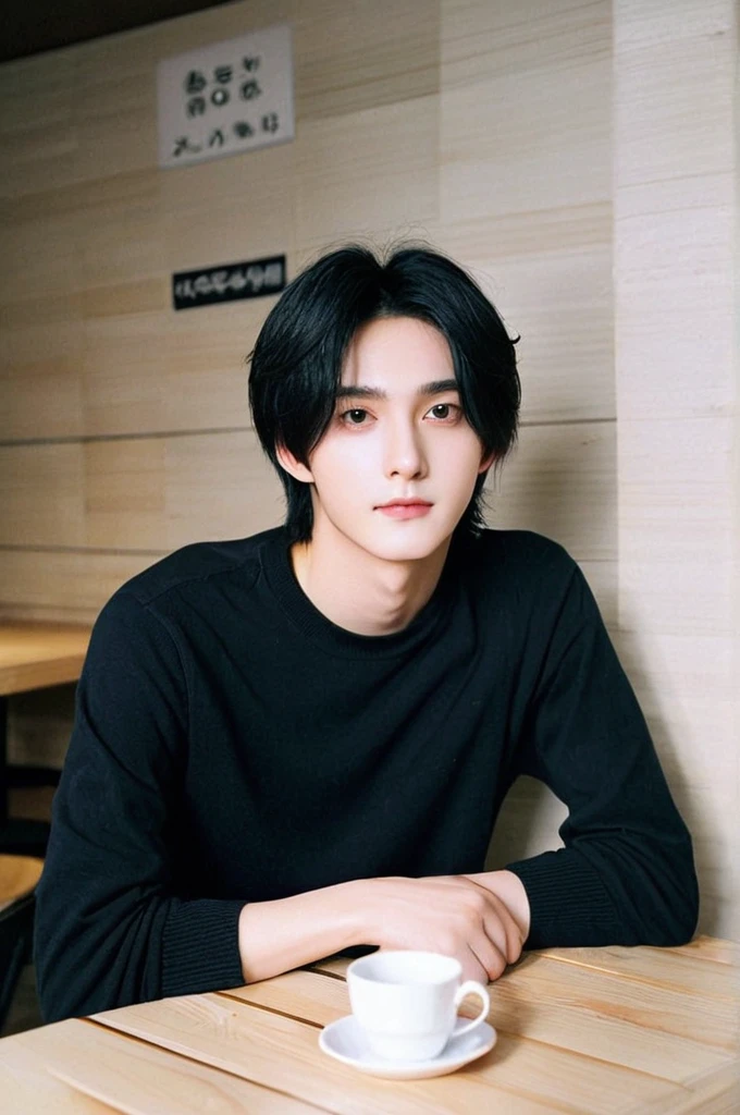 One boy、Young man with black hair（Mash Straight)((Long Hair)），With nape、Long enough to cover the earale K-Pop Idols、Levi Ackerman、Medium portrait、chop、Beautiful Model、Oval Face、Vivid、Cafe、（In a dark room）、The whole body is shown、((Full body photo))