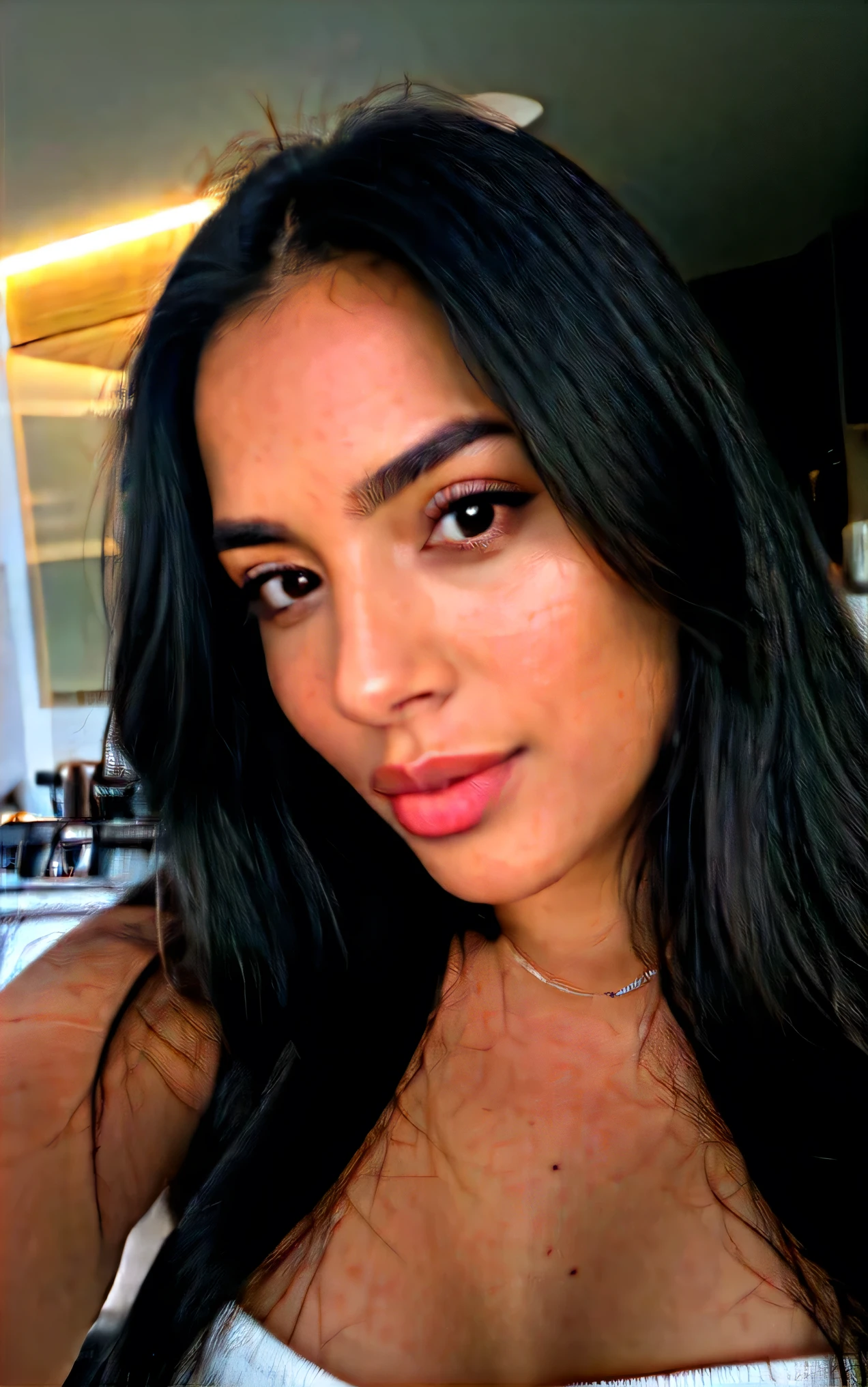 Photorealist, best quality, ultra-detailed, beautiful Colombian woman with long black hair, 20s, brown eyes, medium breasts, upper body, selfie photos, face in sharp focus, f/4, iso 200, shutter 1/ , cinematic light, award-winning photography, high sharpness, skin texture, best shadow, easy symmetry, ultra-detailed, film grain.