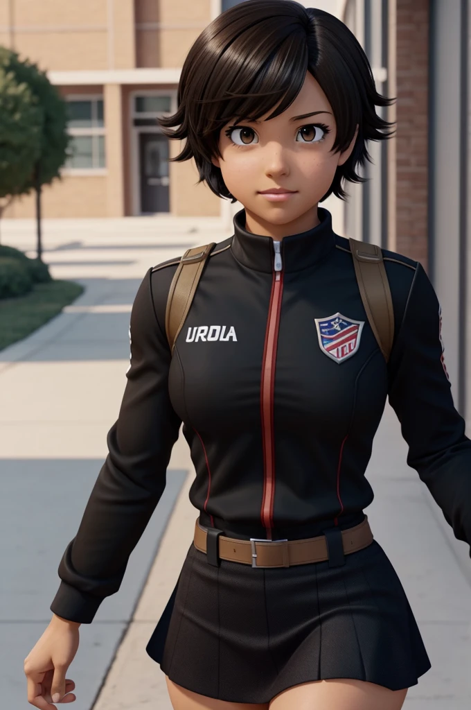 caramel complexion dark skin color anime woman standing full body pose on a road, she wears a blue military uniform with pants, 3D photorealistic/anime/Pixar style, dynamic lighting with high contrast shadows and sunlight