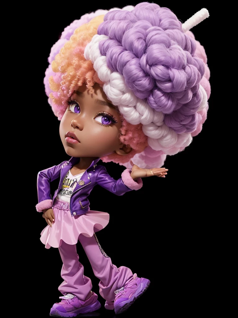 A , dark-skinned, with purple jacket, with purple pants, with pink skirt, with cotton candy afro hair