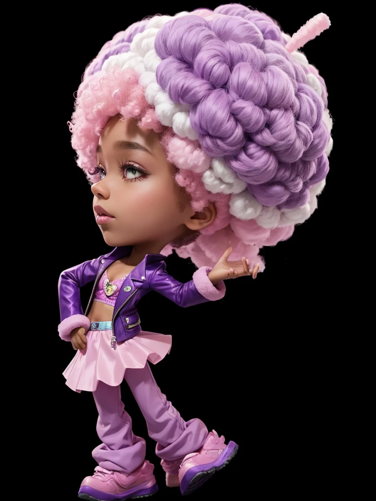 A , dark-skinned, with purple jacket, with purple pants, with pink skirt, with cotton candy afro hair