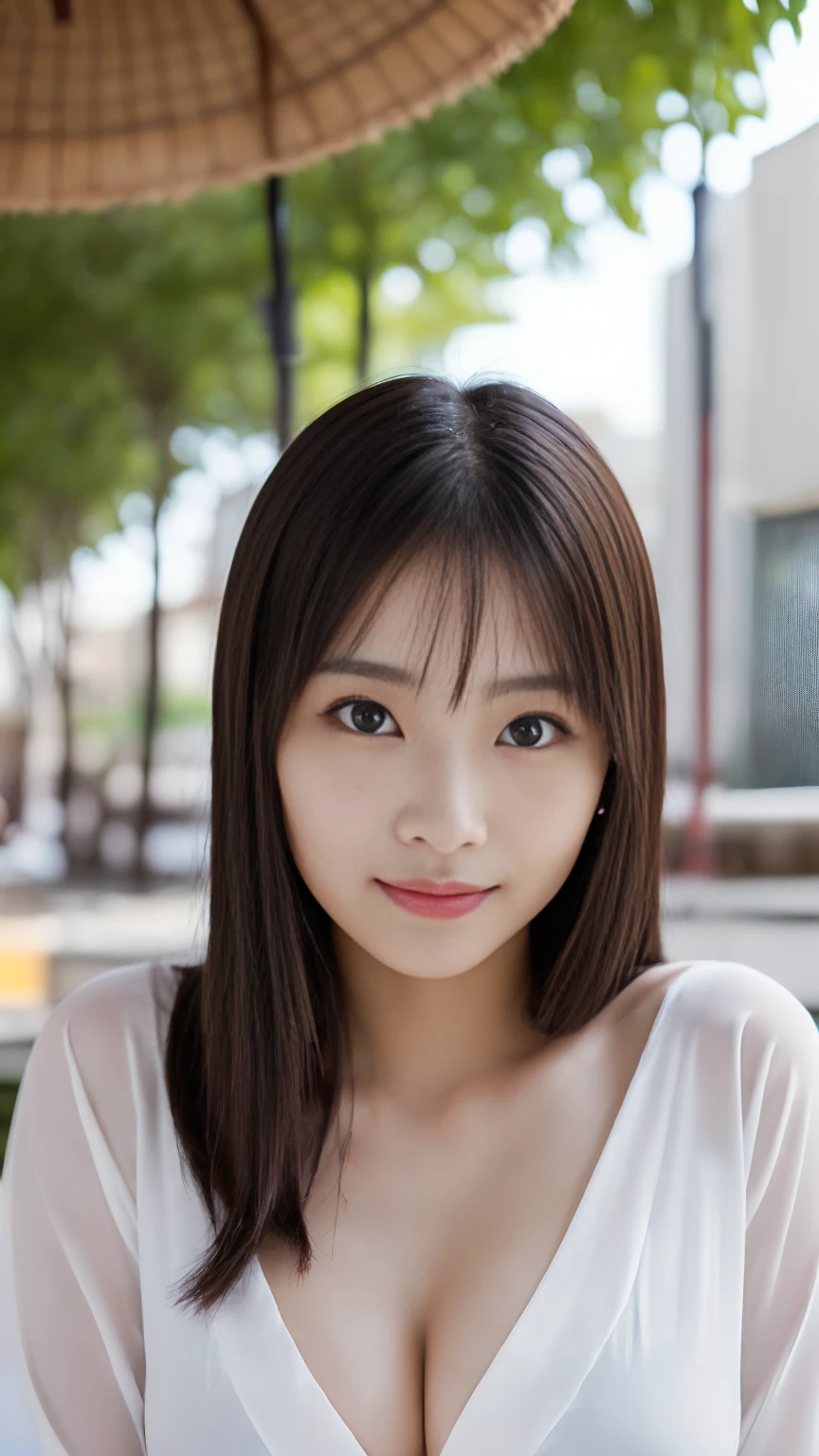 ((((masterpiece、Highest quality、High resolution、Tabletop、wallpaper、Realistic、Bright lighting、Professional Lighting、Face Light、Smooth lighting、Japanese women、Beautiful woman、action、gravure、sexy、so beautiful、Beautiful Skin、Beautiful and exquisite、Detailed face、slim、Looking into the camera、Cleavage))))、((Big Breasts:1.4))、((((japanese,20-years-old,One woman,outdoors,Looking into the camera:1.5)))),smile,close mouth