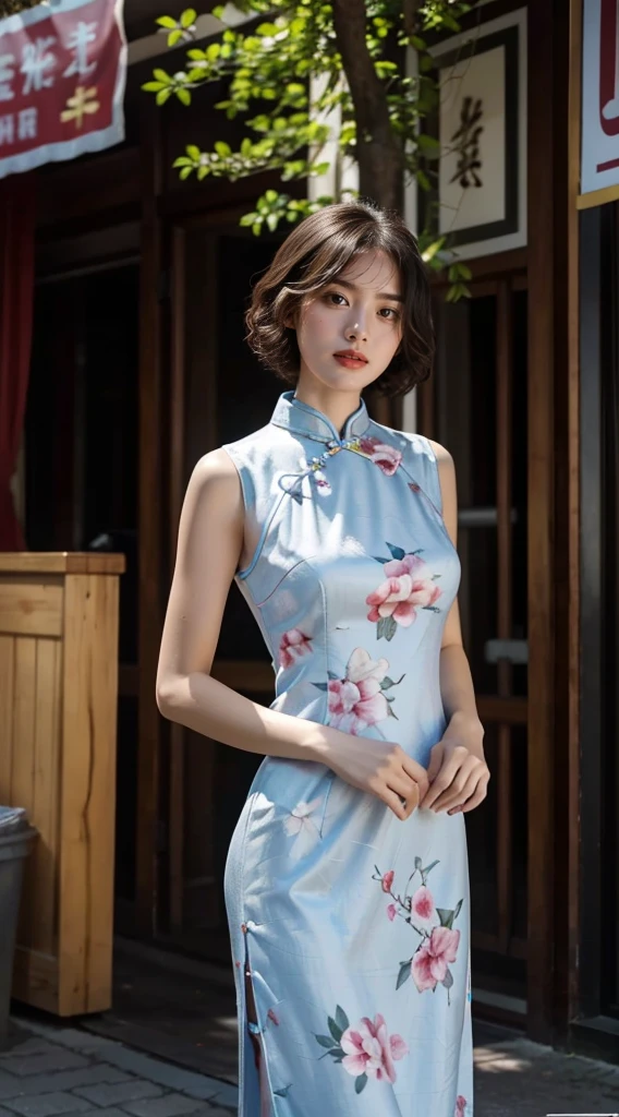 RAW photos, best quality), (Photo-real:1.3), best quality, Very detailed, masterpiece, Ultra Detailed, illustration, 1 Girl,8k wallpaper,amazing,Level lighting effects,Natural soft lighting,Short curly hair,cheongsam,During the day,Exterior,street,For the audience,stand up