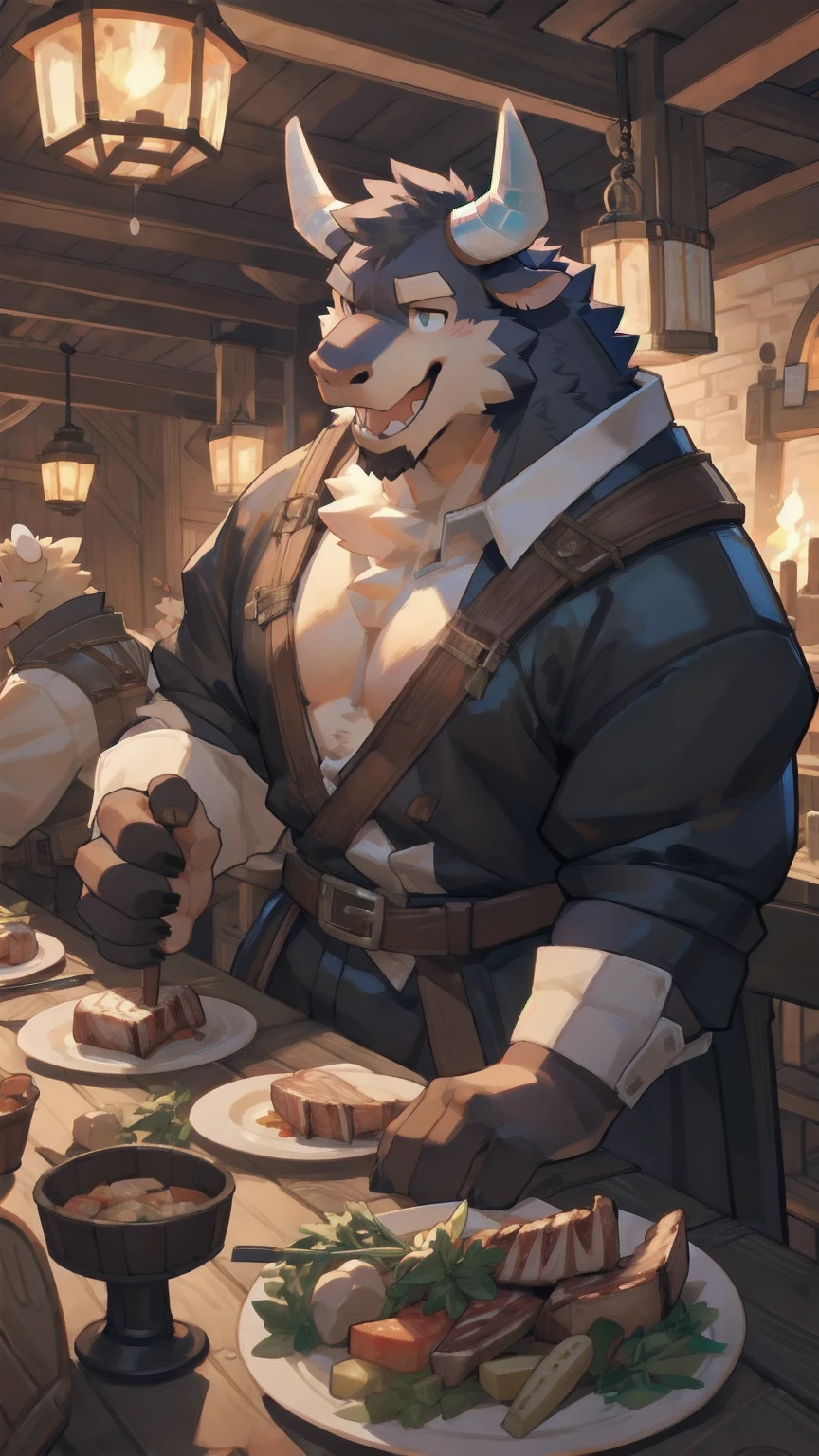 Solo, male, in tavern, by bigcozyorca, by goonie-san, by bebebebebe, by spikedmauler, facing viewer, red, black fur, oxen, bushy tail, buff, adventurer armor, fantasy tavern background, open mouth, detailed mouth, closed mouth grin, drooling over fancy dinner, hungry expression, about to eat steak dinner.