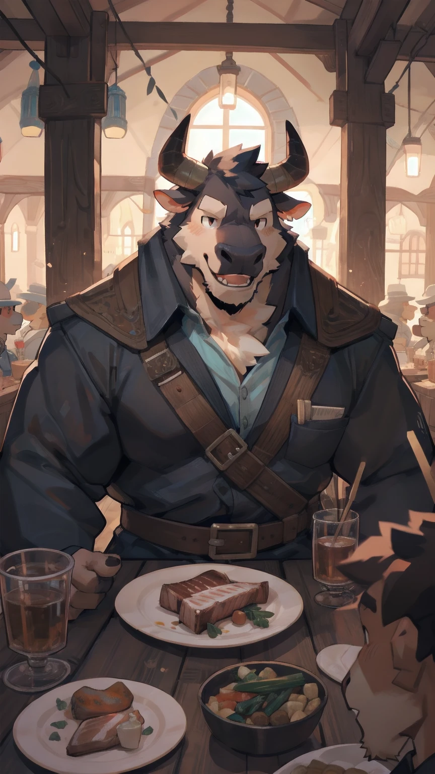 Solo, male, in tavern, by bigcozyorca, by goonie-san, by bebebebebe, by spikedmauler, facing viewer, red, black fur, bull, bushy tail, buff, adventurer armor, fantasy tavern background, open mouth, detailed mouth, closed mouth grin, drooling over fancy dinner, hungry expression, about to eat steak dinner.