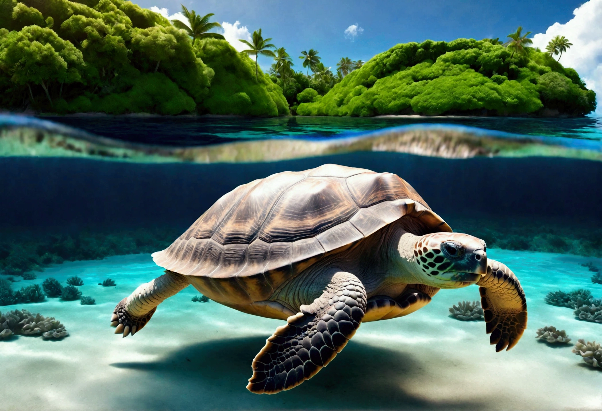 a giant tortoise swimming peacefully in a calm, tropical ocean, with a lush, verdant island resting atop its back, (best quality, 8k, highres, masterpiece:1.2), ultra-detailed, photorealistic, vibrant colors, dramatic lighting, intricate details, cinematic composition, fantasy, whimsical, awe-inspiring, serene atmosphere
