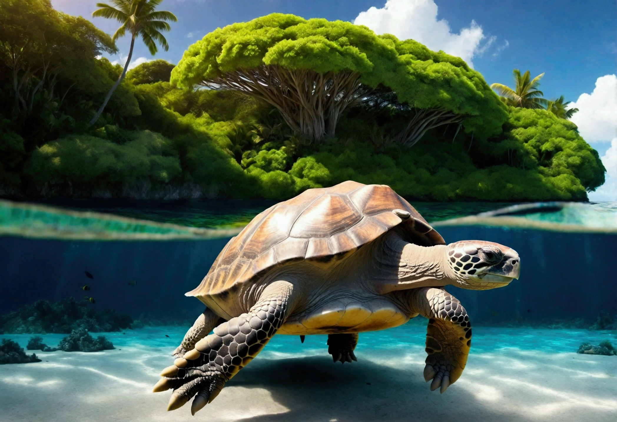 a giant tortoise swimming peacefully in a calm, tropical ocean, with a lush, verdant island resting atop its back, (best quality, 8k, highres, masterpiece:1.2), ultra-detailed, photorealistic, vibrant colors, dramatic lighting, intricate details, cinematic composition, fantasy, whimsical, awe-inspiring, serene atmosphere
