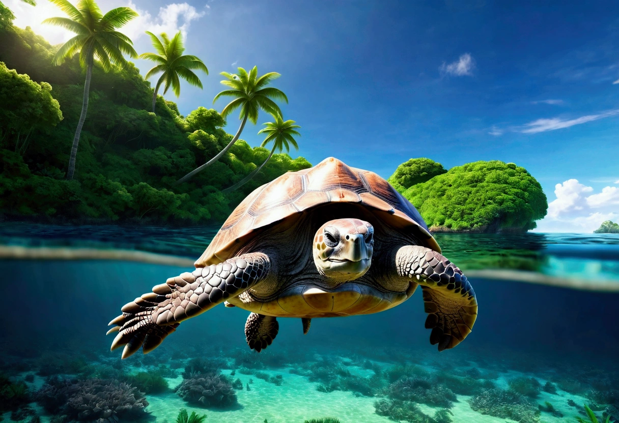 a giant tortoise swimming peacefully in a calm, tropical ocean, with a lush, verdant island resting atop its back, (best quality, 8k, highres, masterpiece:1.2), ultra-detailed, photorealistic, vibrant colors, dramatic lighting, intricate details, cinematic composition, fantasy, whimsical, awe-inspiring, serene atmosphere
