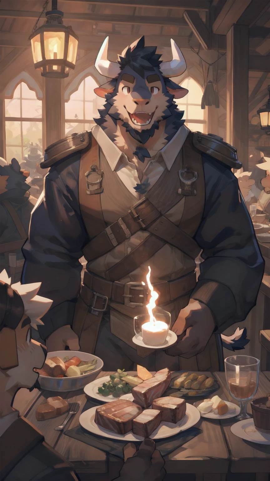 Solo, male, in tavern, by bigcozyorca, by goonie-san, by bebebebebe, by spikedmauler, facing viewer, red, black fur, oxen, bushy tail, buff, adventurer armor, fantasy tavern background, open mouth, detailed mouth, closed mouth grin, drooling over fancy dinner, hungry expression, about to eat steak dinner.
