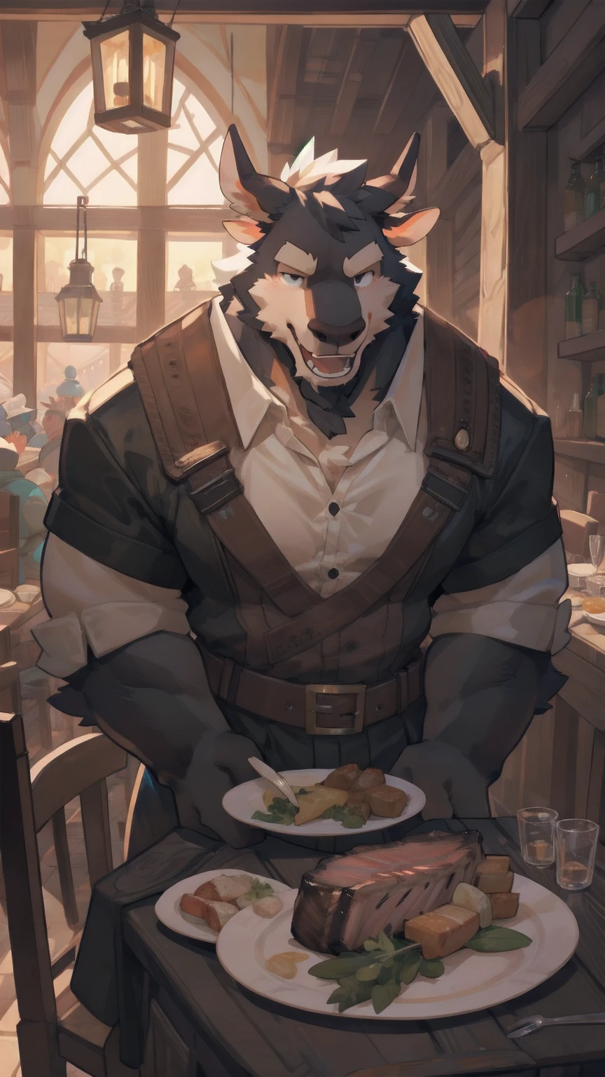 Solo, male,  in tavern, by bigcozyorca, by goonie-san, by bebebebebe, by spikedmauler, facing viewer, red, black fur, elk, bushy tail, buff, adventurer armor, fantasy tavern background, open mouth, detailed mouth, closed mouth grin, drooling over fancy dinner, hungry expression, about to eat steak dinner.