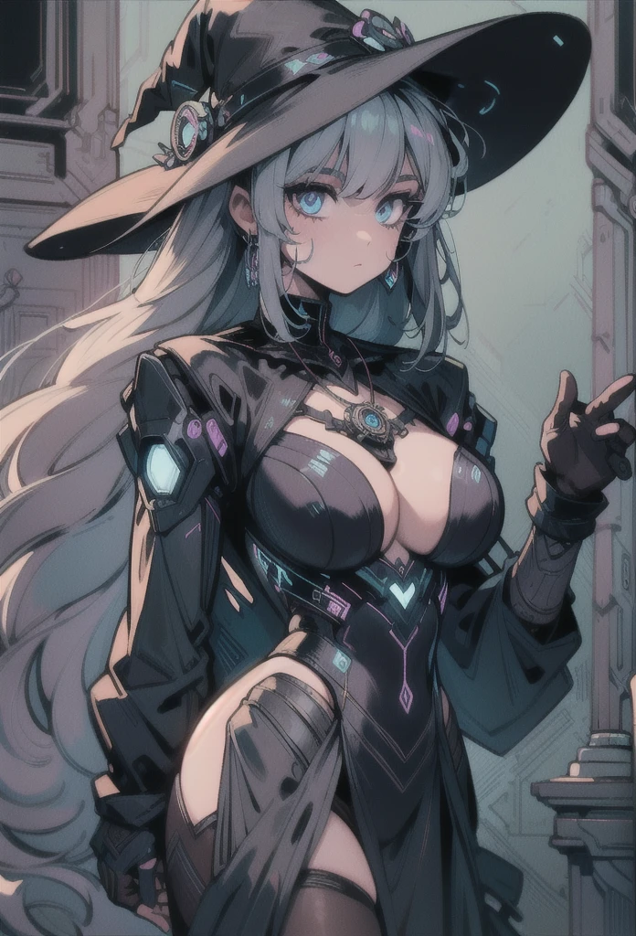 depicts a modern-day witch who has embraced the world of cybernetics to enhance her magical abilities. The artwork should convey the enchanting blend of traditional witchcraft and futuristic technology. Here are some specific elements to include: The Witch's Lair: The setting should be a cozy yet slightly eerie room, filled with magical books, crystal balls, potion ingredients, and antique furnishings. The room should be dimly lit by candles and a soft, mystical glow emanating from her cybernetic enhancements. The Cyborg Witch: The central focus of the artwork is the witch herself. She's a striking figure with a mix of traditional witch attire and cybernetic enhancements. Her clothing should have a witchy, occult aesthetic, with flowing robes, a pointed hat, and an intricate pentagram necklace. Her arms, however, have been upgraded with cybernetic components that incorporate magical symbols and glowing runes. Magical Interface: The witch is in the midst of casting a spell, with a holographic, touch-screen interface floating before her. This interface includes spell incantations, arcane symbols, and digital components, demonstrating her fusion of magic and technology. Spell Ingredients: On a nearby table, there should be a collection of spell ingredients, like herbs, potions, and magical artifacts. Some of these items may have been modified with cybernetic enhancements, blurring the line between the natural and the technological. Familiar: The witch's familiar, perhaps a cat or raven, should be present in the scene, serving as her magical companion. The familiar could also have subtle cybernetic enhancements or glowing eyes. Glowing Runes: The room should be adorned with ancient symbols and glowing runes on the walls and floor, contributing to the magical atmosphere. Aetherial Lighting: Use a combination of mystical, ethereal lighting and cybernetic glows to create a captivating interplay of light and shadow. The contrast between the tradit