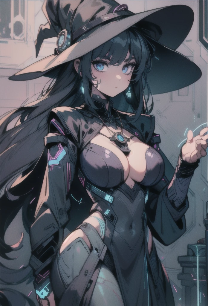 depicts a modern-day witch who has embraced the world of cybernetics to enhance her magical abilities. The artwork should convey the enchanting blend of traditional witchcraft and futuristic technology. Here are some specific elements to include: The Witch's Lair: The setting should be a cozy yet slightly eerie room, filled with magical books, crystal balls, potion ingredients, and antique furnishings. The room should be dimly lit by candles and a soft, mystical glow emanating from her cybernetic enhancements. The Cyborg Witch: The central focus of the artwork is the witch herself. She's a striking figure with a mix of traditional witch attire and cybernetic enhancements. Her clothing should have a witchy, occult aesthetic, with flowing robes, a pointed hat, and an intricate pentagram necklace. Her arms, however, have been upgraded with cybernetic components that incorporate magical symbols and glowing runes. Magical Interface: The witch is in the midst of casting a spell, with a holographic, touch-screen interface floating before her. This interface includes spell incantations, arcane symbols, and digital components, demonstrating her fusion of magic and technology. Spell Ingredients: On a nearby table, there should be a collection of spell ingredients, like herbs, potions, and magical artifacts. Some of these items may have been modified with cybernetic enhancements, blurring the line between the natural and the technological. Familiar: The witch's familiar, perhaps a cat or raven, should be present in the scene, serving as her magical companion. The familiar could also have subtle cybernetic enhancements or glowing eyes. Glowing Runes: The room should be adorned with ancient symbols and glowing runes on the walls and floor, contributing to the magical atmosphere. Aetherial Lighting: Use a combination of mystical, ethereal lighting and cybernetic glows to create a captivating interplay of light and shadow. The contrast between the tradit
