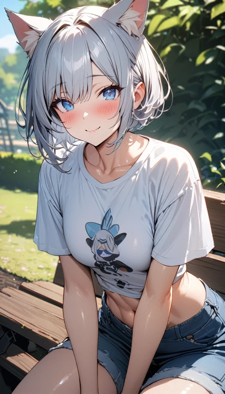 (((best quality)), ((masterpiece)), (details), masterpiece, best quality, high quality, ulutra detailed, perfect face, ((1girl, blue eyes, cat ears: 1.3 silver bob hair: 2.5,)) 、Shiny Hair、Glowing Skin、blush、Lustful look、smile、Eat large rice balls、garden、blue sky、Side Angle、Gobble、T-Shirts、I can see your toned stomach、Denim shorts、Sit on a bench、High-top sneakers、