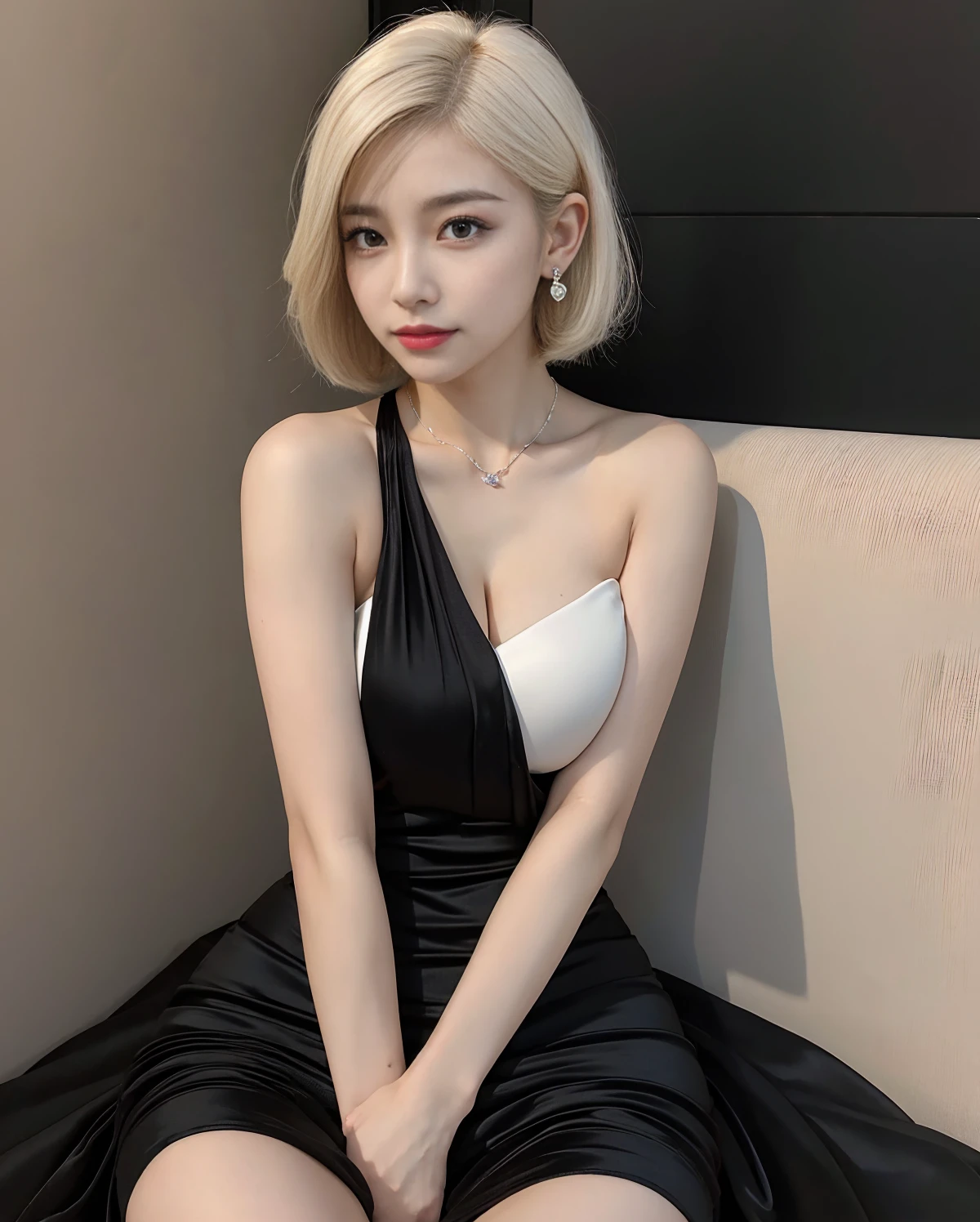 (((masterpiece))), Ultra-high resolution, (8k), (((Looks super realistic))), Highest quality, Ultra fine, ((Anatomically correct)), Cinematic lighting, (Super beautiful sexy 29 year old woman), ((Only one person)), Oval Face, Beautiful Face, smirk, Natural Makeup, Detailed big eyes, double eyelid, Detailed eyebrows, Thick lips, ((Short hair:1.3)), ((White Blonde hair color:1.3)), Detailed skin texture, Glowing Skin, Alluring large breasts:1.3, Perfect and beautiful body, Seductive big ass, Detailed and perfectly fitted outfit, (((Sexy black evening dress))), Fascinating earrings, Fascinating Necklace,