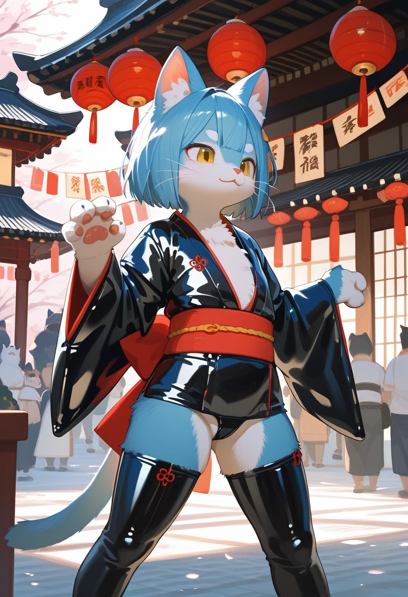 Highest quality, Highest quality, High quality illustrations, masterpiece, Ultra-high resolution, Detailed Background, Kyoto, Festivals, Absurd, Perfect Anatomy, performance, Good lighting, Shadows in the movies(kemono, Furry PersonifiCation), Cat, kimono, latex, rubber, Meat ball handle