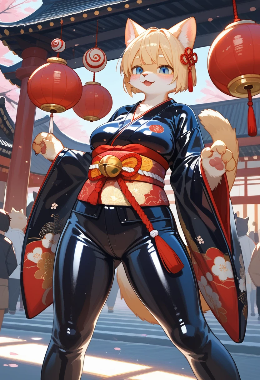 Highest quality, Highest quality, High quality illustrations, masterpiece, Ultra-high resolution, Detailed Background, Kyoto, Festivals, Absurd, Perfect Anatomy, performance, Good lighting, Shadows in the movies(kemono, Furry PersonifiCation), Cat, kimono, latex, rubber, Meat ball handle