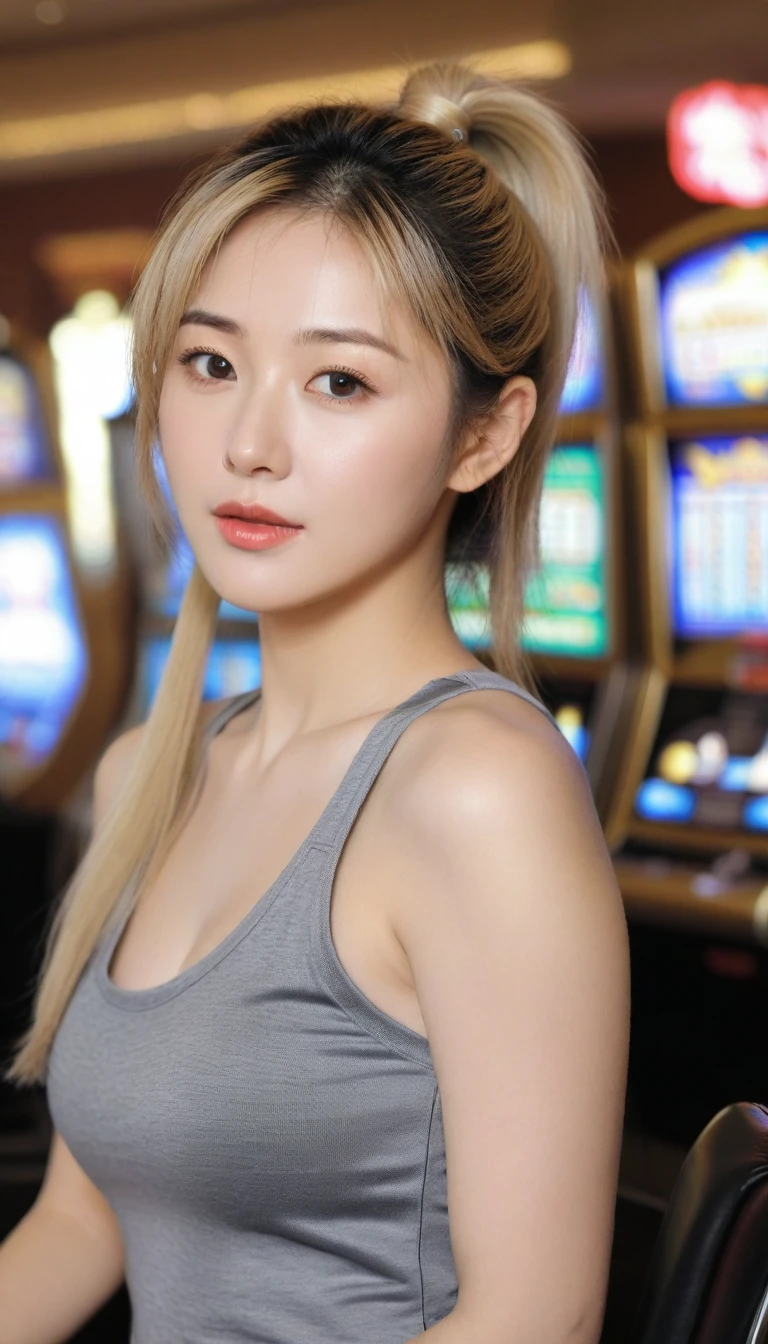 Close-up photo of a beautiful Korean woman, Bust size 34 inches, blonde high ponytail, Wear a gray tank top., เล่นสล็อตIn casinos, sunlight, bokeh background, UHD, sit  (random background,In casinos,VIP casino room, Modern Casino Console, Modern Slot Machines )