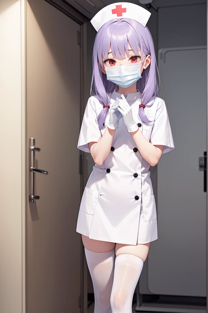 1boy, solo, male focus, nurse, white nurse cap, white nurse uniform, ((white legwear, zettai ryouiki)), white gloves, long hair, purple hair, red eyes, ((white surgical mask, covered nose)), standing, ((hospital room)), sharp outline, short sleeves, shota, 12 years old, best quality, masterpiece