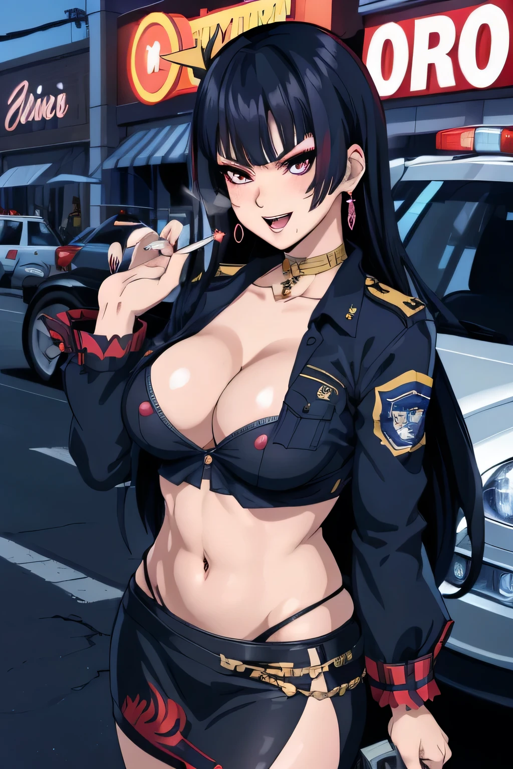 nyotengu, long hair, blush, lipstick, jewelry, earrings, Hot girl, baddie, staring, glaring, bad attitude, mean girl, dare, angry, hate, crazy, smoking, sensual, attractive, blush, lipstick, jewelry, earrings, masterpiece, best quality, highly detailed, a anime girl in police uniforms , police outfit, military outfit,
open mouth, cleavage, evil smile, smile, ecchi anime style, anime girl, digital anime art!!, in anime
style, (nsfw) not safe for work, official artwork, , beautiful anime girl, anime style 4 k, micro pencil
skirt, pencil skirt, micro skirt, exposed
belly, exposed navel, exposed midriff, exposed lower belly, holding a gun, holding pistol,next to police
car,outdoor,street,road, police car