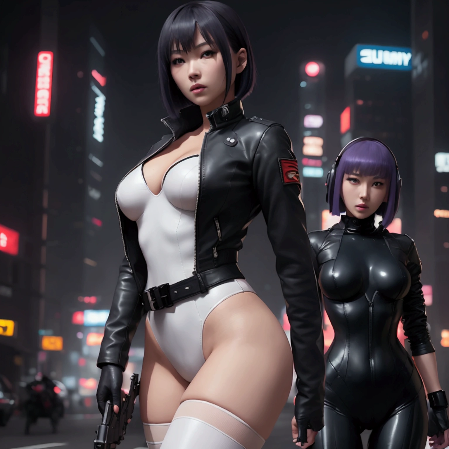 High resolution photo of a woman、Beautiful woman in a bare-chested white leotard、Dark blue bob hair、bangs、stockings、High heel boots、Holds a gun from the future、Black leather jacket、Army Jacket、ghost in the Shell、Motoko Kusanagi、City of the Future、Wear a belt around your waist、Belt with bullets、Future Soldier、Full body image、