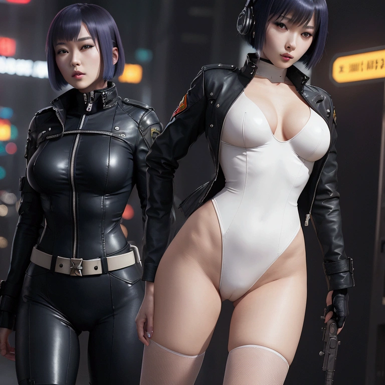 High resolution photo of a woman、Beautiful woman in a bare-chested white leotard、Dark blue bob hair、bangs、stockings、High heel boots、Holds a gun from the future、Black leather jacket、Army Jacket、ghost in the Shell、Motoko Kusanagi、City of the Future、Wear a belt around your waist、Belt with bullets、Future Soldier、Full body image、