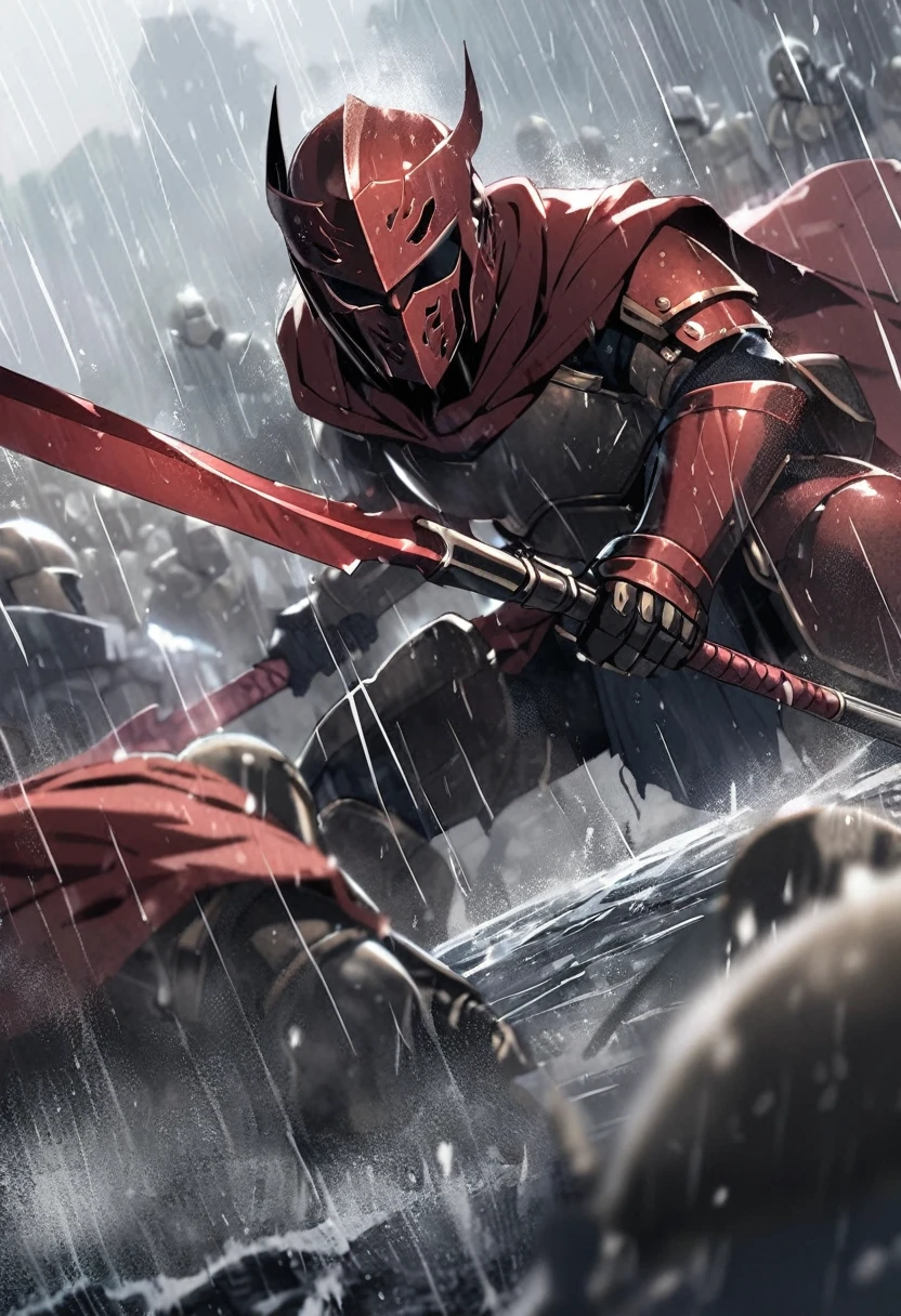 A Spartan warrior with a spear fighting in the rain against a hooded warrior with a mask