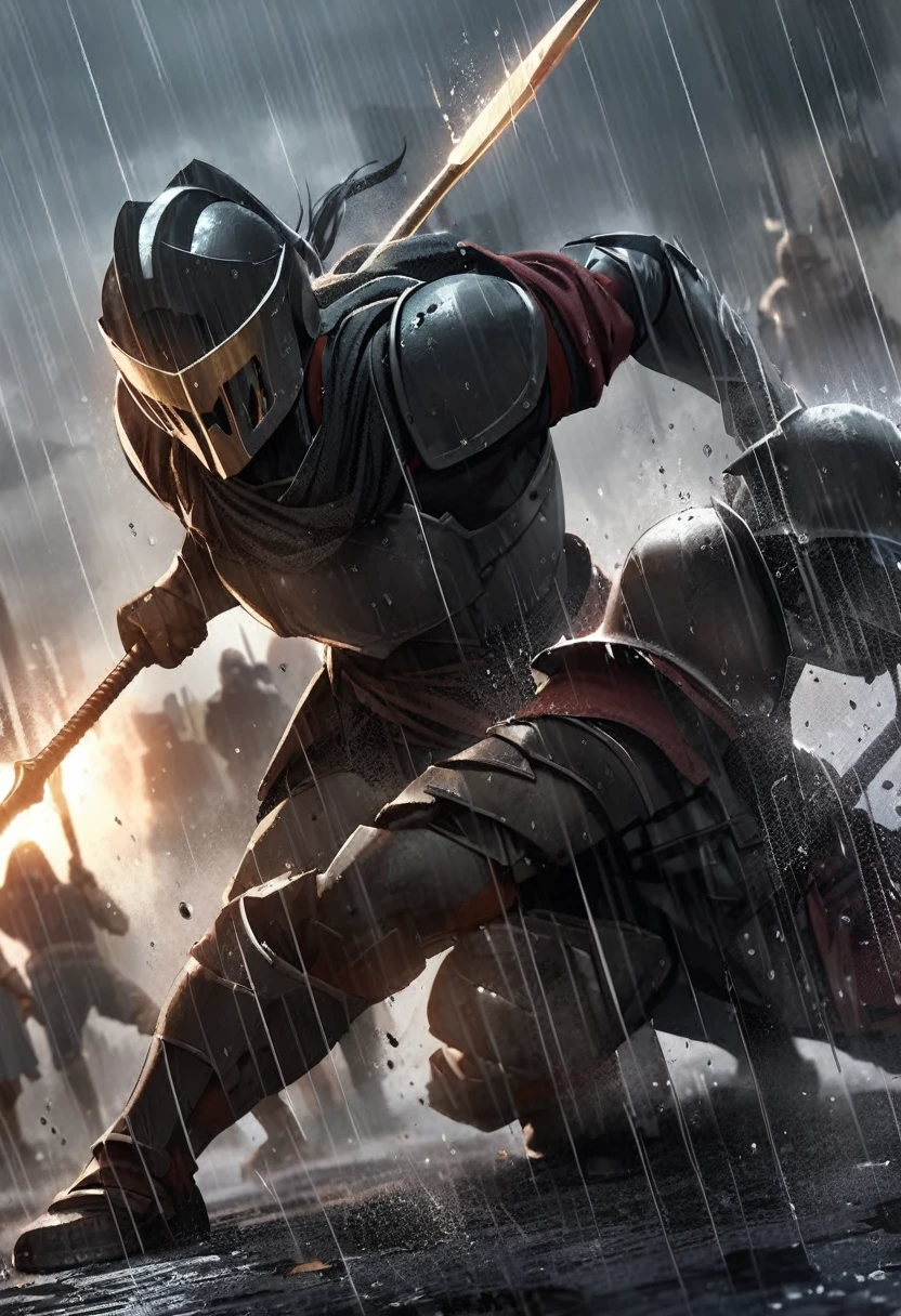 A Spartan warrior with a spear fighting in the rain against a hooded warrior with a mask