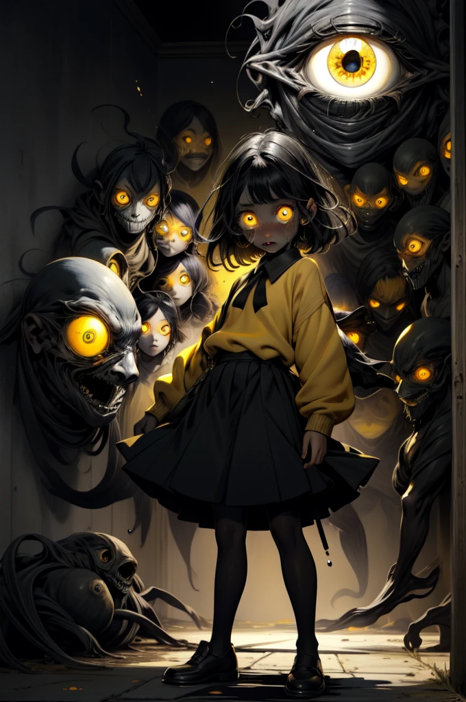 1 girl, standing, tears, drops of sweat, yellow sweater, black tie, ,  detailed yellow eyes, long black hair, large eyes, (Open mouth:0.1), detailed students, shadows hdr, dark spirits , horror background, shadow monsters, creepy monsters,, horror \(He\),extra crazy eyes