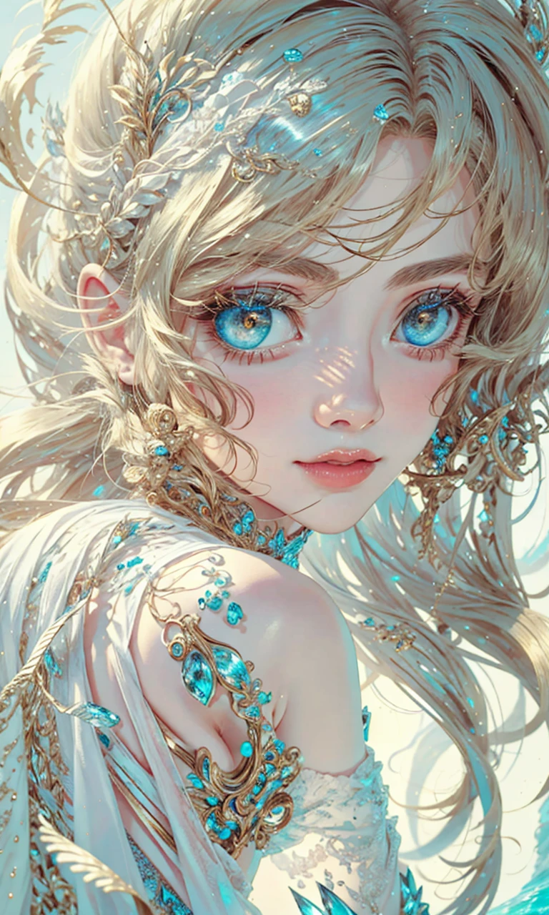 （best qualtiy）， （（tmasterpiece））， 1个Giant Breast Girl，（solo），half-body portrait， Delicate face， looking at viewert， firm eyes， exposed bare shoulders，Exquisitehands， Um ser celestial， light particules， The halo，the ocean， Full of energy， Colorful colors， （Bio-luminescence），（Detailed composition）， Movie Lighting