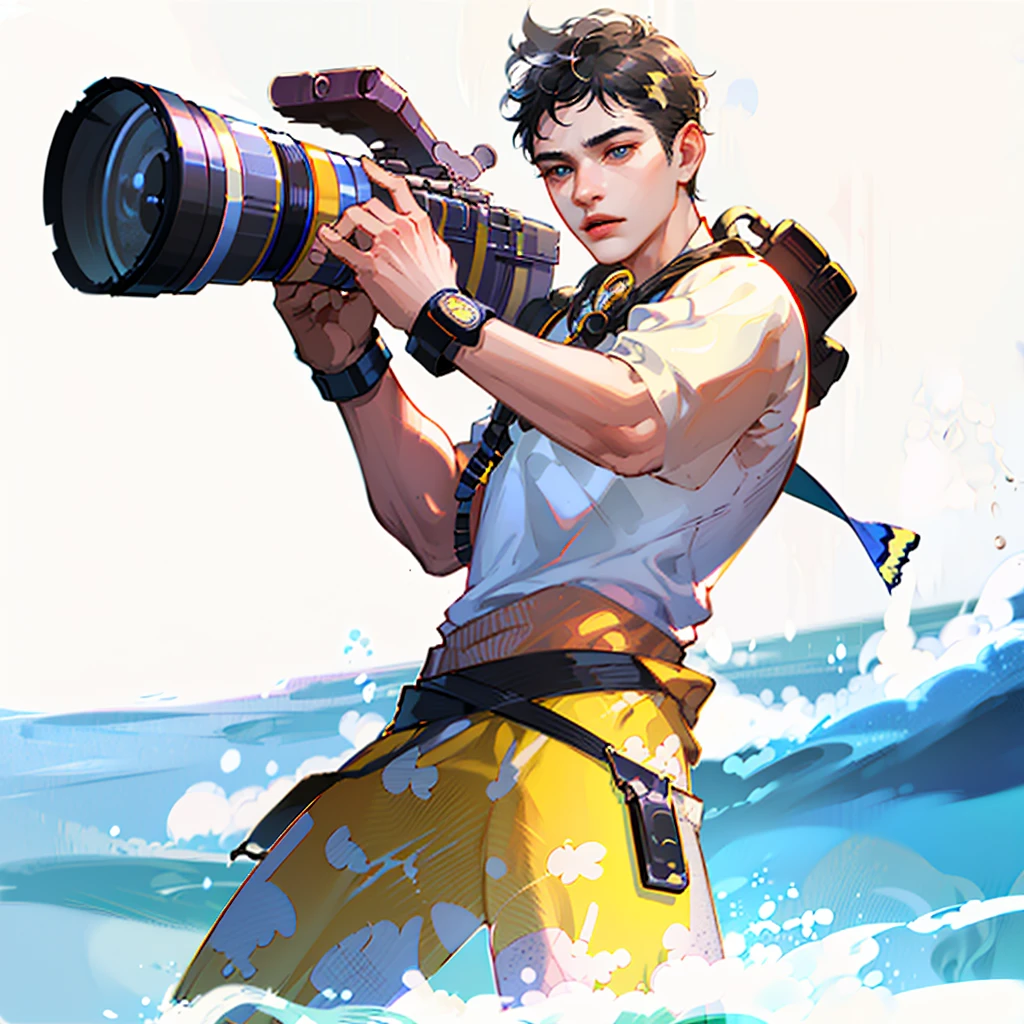shuIn a white shirt,half body view,A handsome man standing at sea, Look away,short black hair, swimming goggles on his head, carrying a camera, camera on his shoulder, grabbing the camera with both hands, side view, cartoonishly handsome man with camera on his shoulder, handsome features, director, headphones on his head, summer clothes , is shooting a movie, idle game icon, highly detailed character, digital character illustration, disney art style,The image of the male protagonist in the battle royal, realistic character, character style, backlit, charming character illustration style, masterpiece best quality,, clean background iw 2 ,Super Detail, 16K, Texture Skinning, High Detail, 3D Rendering, Raytracing, Octane Renderer, Blender Renderer, C4D Renderer Aspects 9:16 --niji 5 --s 180