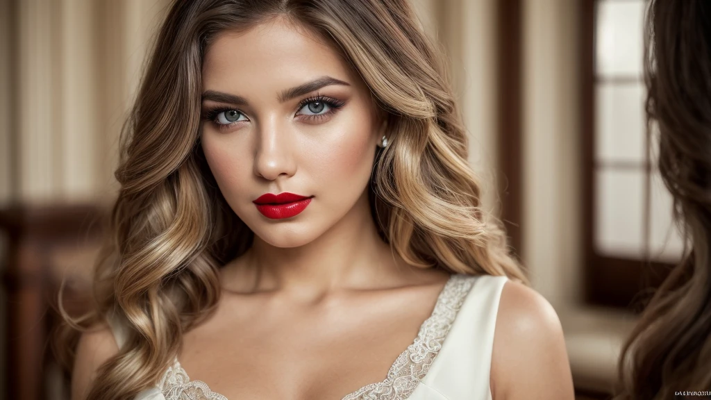 (Best quality,8K,A high resolution,Masterpiece:1.2, DSLR, 16k ),Ultra-detailed,(Realistic,Photorealistic,photo-realistic:1.37),Portrait, Creative style artwork, Historical, classical, Sophisticated, plethora of colors ,Highly detailed, Soft lighting, luxurious environment , black dress, there is young woman , girl wearing a red classy royal dress, performing a music video, slim fit (oval perfect shape, asymmetrical face structure, perfect proportion, almond eye type, hazal eye color, detailed eyes, yellow hair color, 34 inch breasts, hourglass figure, slim body, pale white skin tone ,sexy girl, 22 years old, soft wavy hair, looking away, attitude expression, professional makeup, red lipstick, sensual Lipstick)