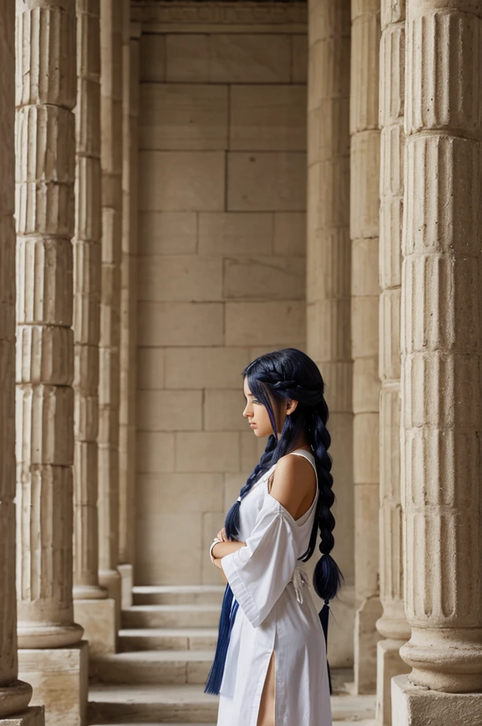 a girl entered a greek temple, hip-length navy blue hair lightly styled in braids with a white ribbon tangled in them, These braids go from the middle to the tip, leaving part of her hair loose, with short loose locks falling over her shoulders. He has messy bangs that cover his eyes., that are not visible. wears a Miko priestess outfit. Stands with arms crossed slightly in profile and knees up
