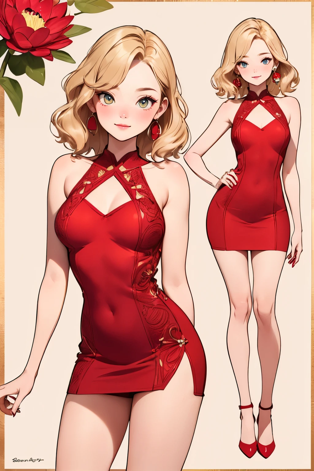 poster, (masterpiece, best quality),blond(rich and colorful),(Stunning details,Detailed background),Standing front，Keep your legs together，Anatomically correct,Precision drawing,Detailed view,Luxury, girl lotus pose:1.6, lotus po station:1.6, (Red short dress:1.5), Pillow, Smile，Blank background