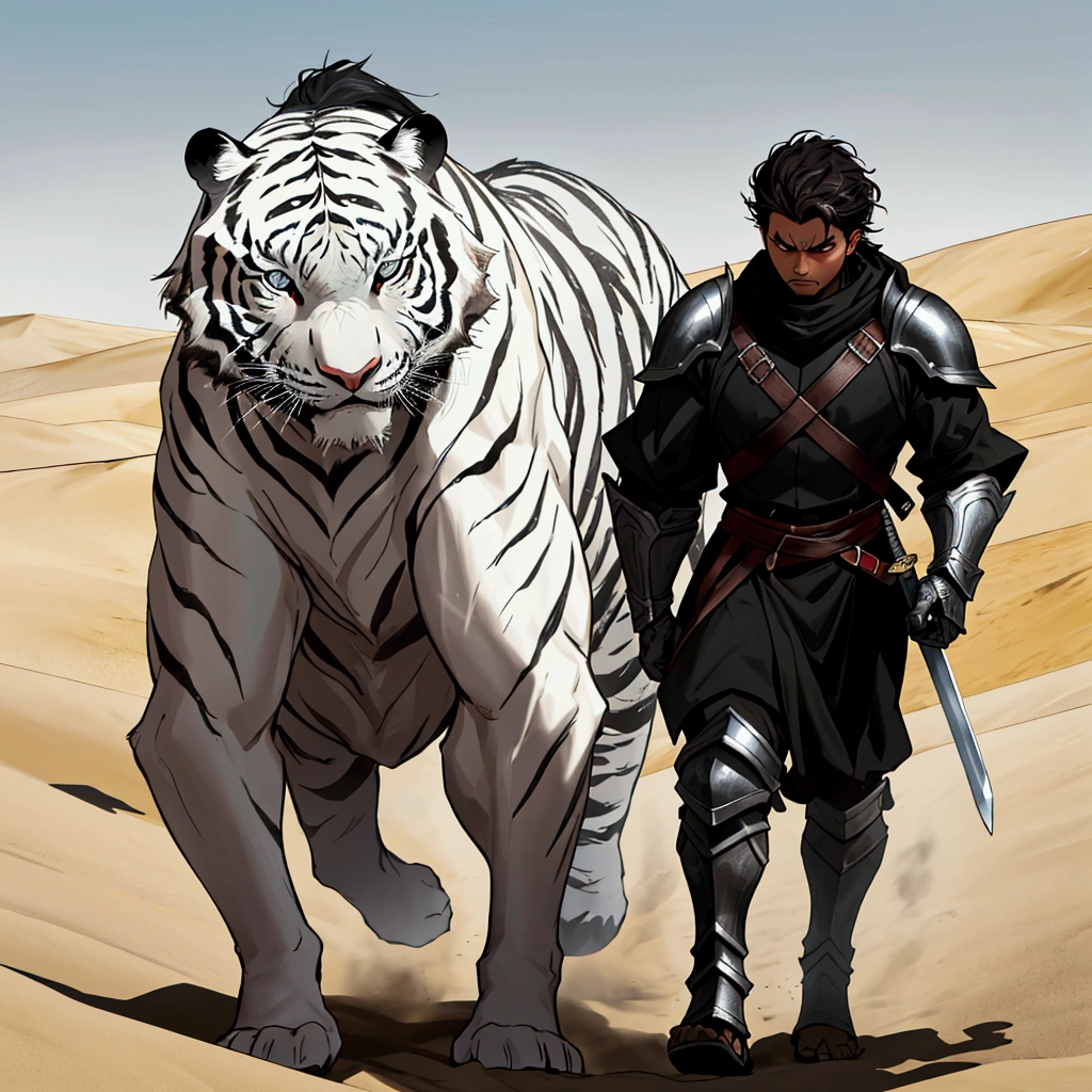 A dramatic image, a strong man with black armor man with dark hair and a large sword on his back next to him a white tiger next to him on four legs he is walking on the desert sand walking away view medium distance
