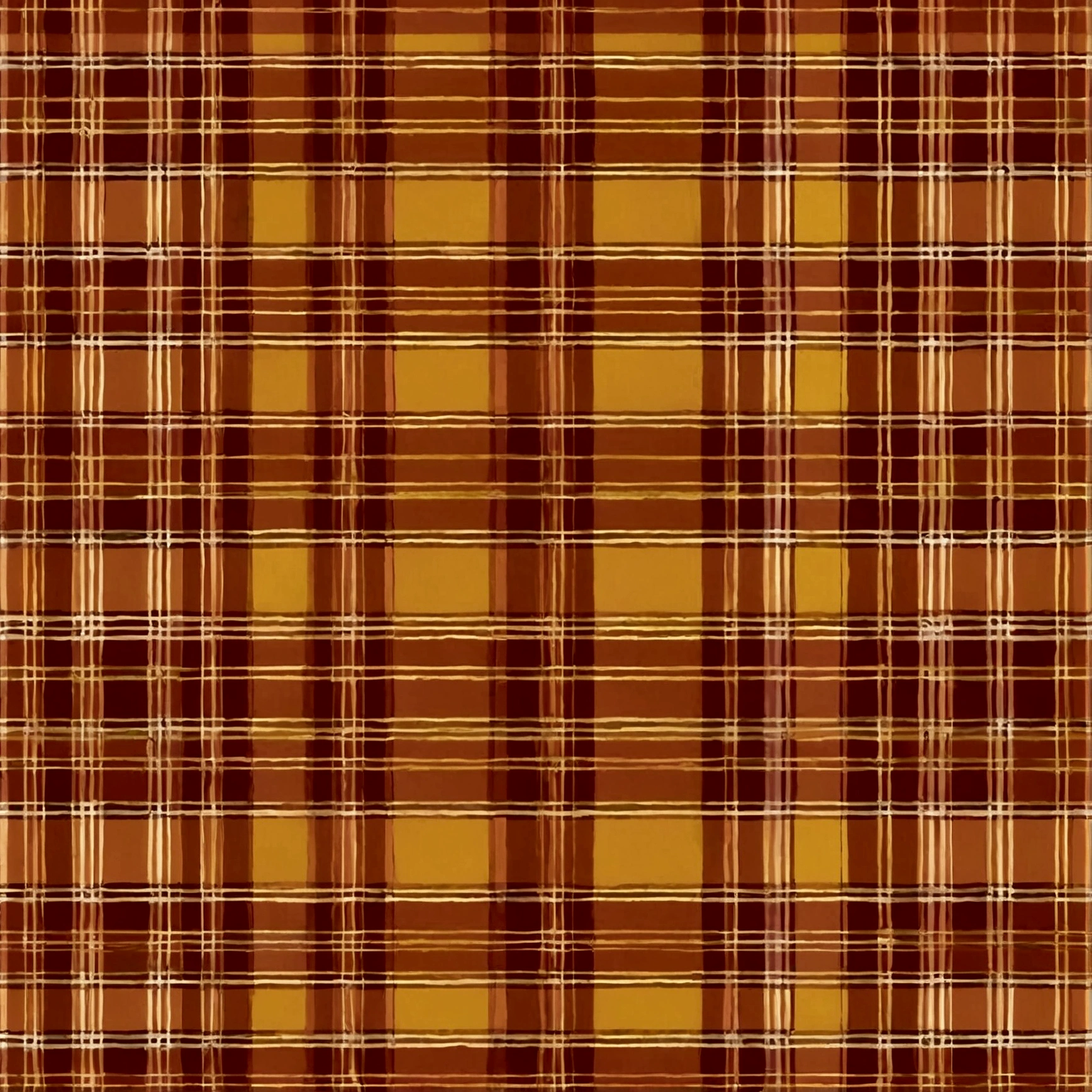 a seamless autumn tartan pattern designed for tiling, featuring symmetrical stripes in orange, yellow, brown, and red. Integrate autumn leaves naturally blended with the tartan stripes. The design should evoke a warm and cozy feel, reminiscent of the fall season, with the leaves adding a natural touch to the traditional tartan look. Ensure the pattern is symmetrical and evenly spaced, allowing for perfect alignment when tiled. The overall aesthetic should be detailed and visually appealing, with a harmonious blend of colors and textures.