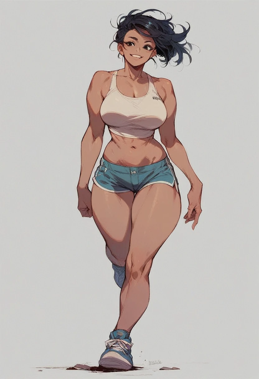 Score_9, Score_8_up, Score_7_up, 1 girl, black hair, black eyes, curvy figure, smile, microshorts, white tank top, sneakers, navel, big bust, walking, simple background, white background, 