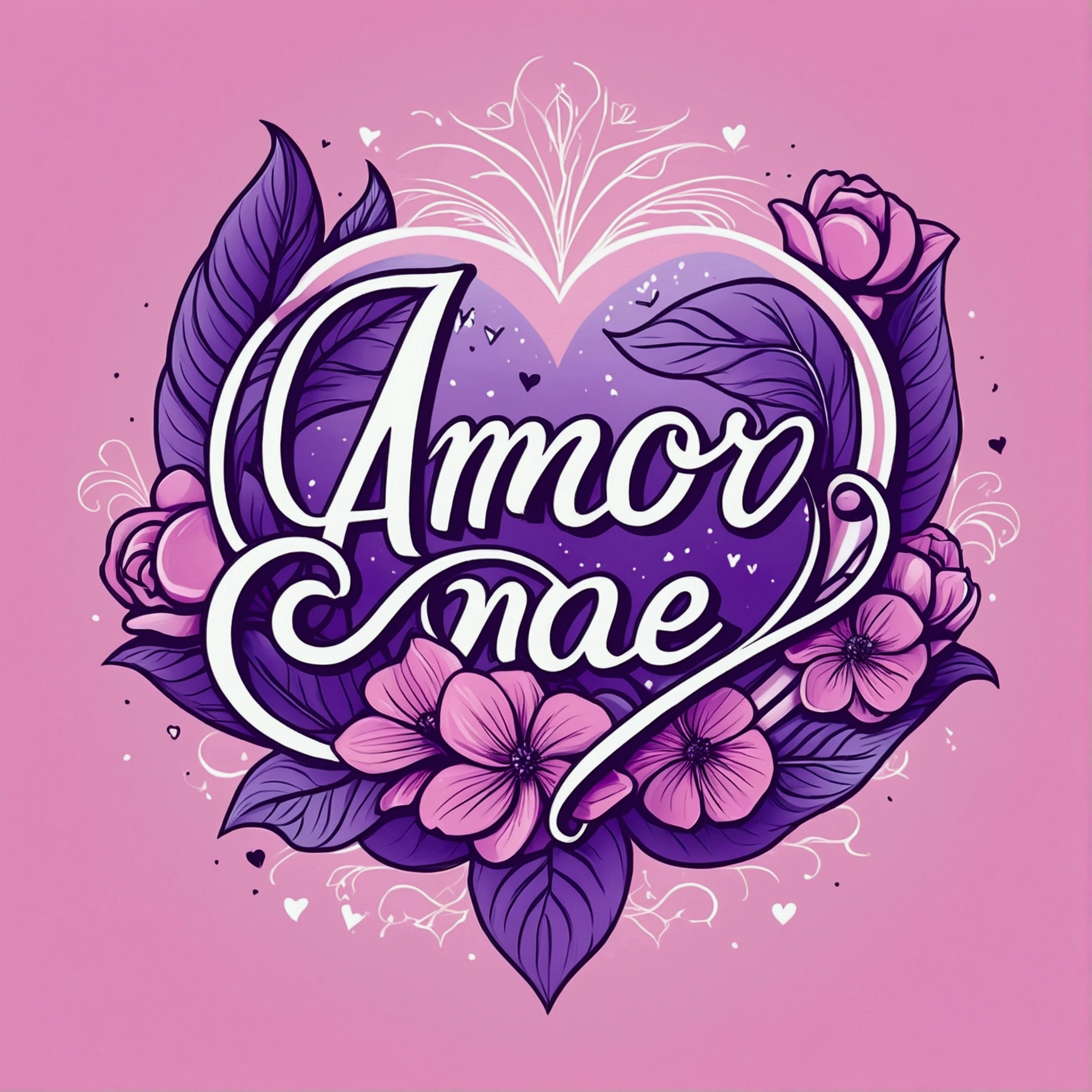 "Delicate, vector; Analogous color palette (pink, lilac, purple). Design with the phrase '"Delicate, vector; Analogous color palette (pink, lilac, purple). Design with the phrase 'Amor de Mãe' in a 'cursive font'. Add a design of flowers and hearts around the phrase. Surrealist, synthwave style: central composition, simple background::2 mockup::-2 --upbeta --ar 1:1."