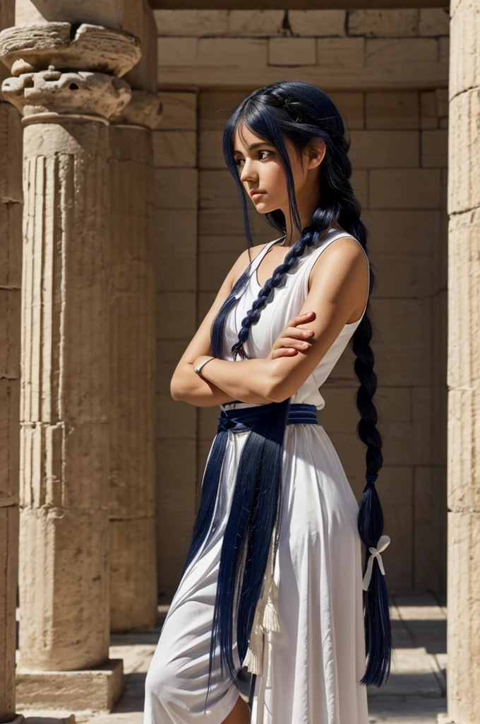 a girl entered a greek temple, hip-length navy blue hair lightly styled in braids with a white ribbon tangled in them, These braids go from the middle to the tip, leaving part of her hair loose, with short loose locks falling over her shoulders. He has messy bangs that cover his eyes., that are not visible. wears a Miko priestess outfit. Stands with arms crossed slightly in profile and knees up