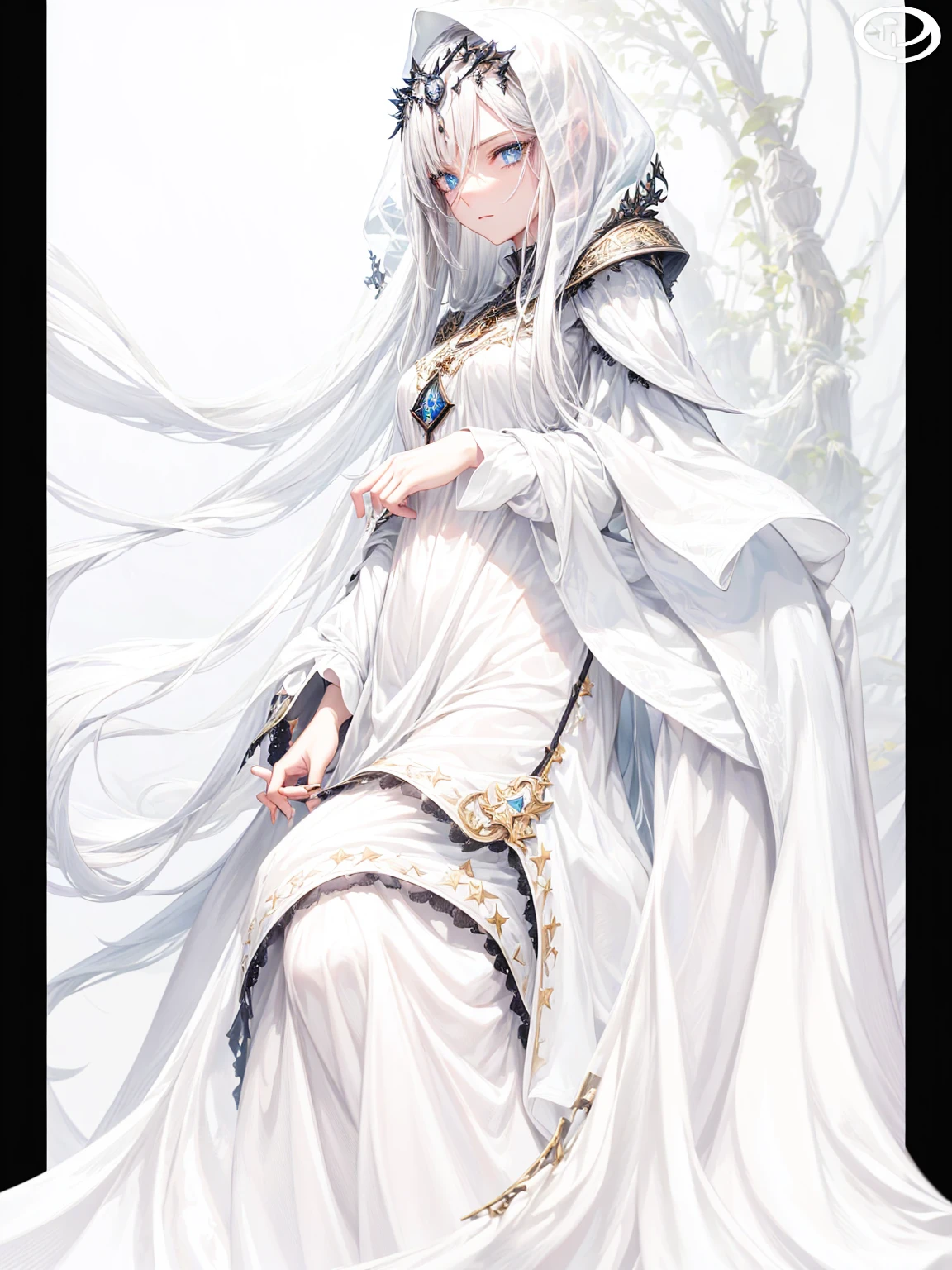 a young dark fantasy church priestess, with long black hair and white streaks, wearing an eyepatch on one eye, and her blueish green eyes, she cares a serious expression on her face and an angel like appearance, she wears elegant yet simple and modest black outfit, with some silver jewelry, she also wears a long see through veil on her head, with a faded sliver star shaped halo at the behind her head, she is holding her hands together symbolizing a prayer gesture.Long Hair, Black Hair, Blue eyes, mysterious, Hood, Halo, Anatomically Correct, Best Quality, Accurate, High Resolution, Looking at viewer, back view