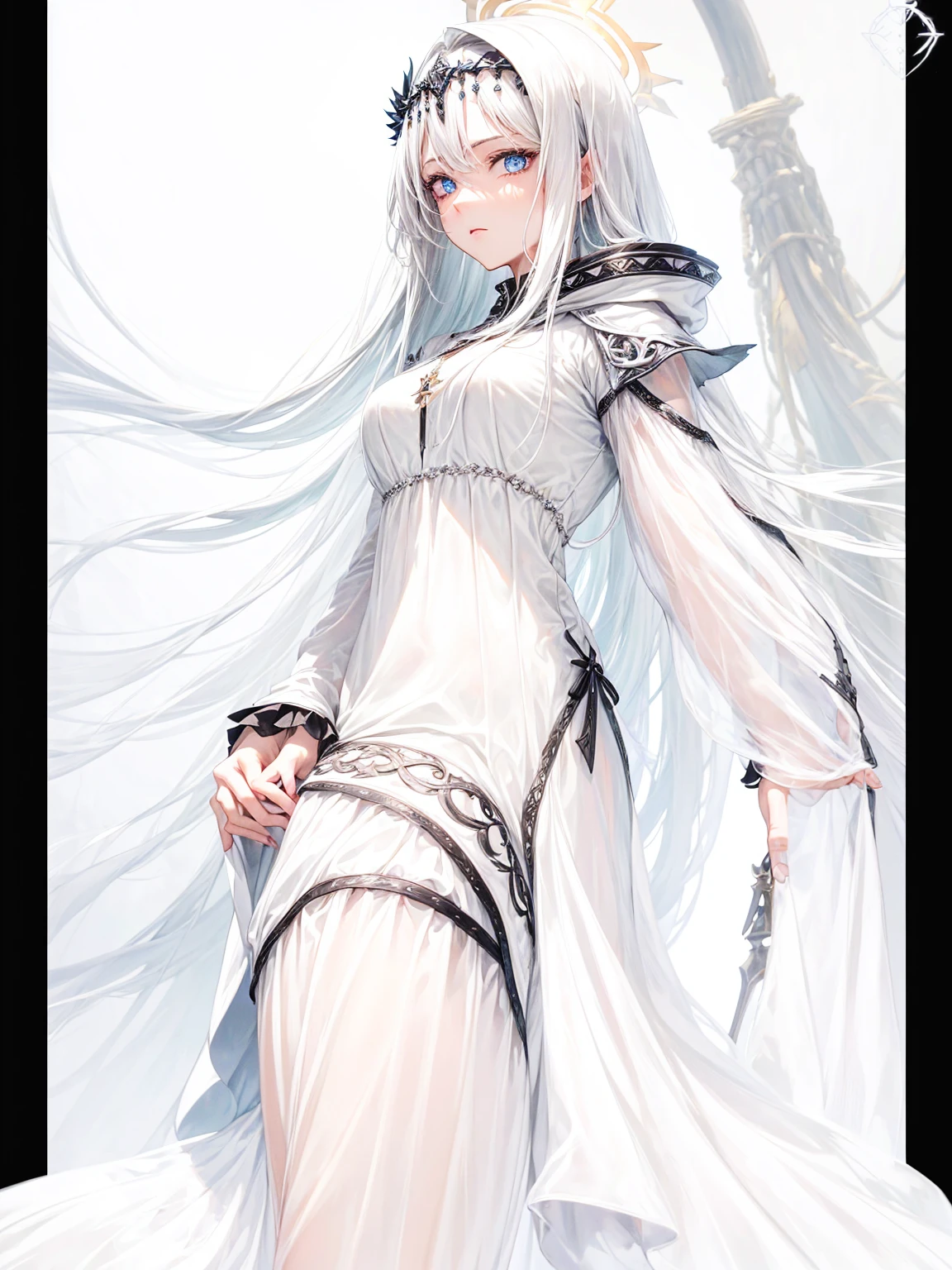 a young dark fantasy church priestess, with long black hair and white streaks, wearing an eyepatch on one eye, and her blueish green eyes, she cares a serious expression on her face and an angel like appearance, she wears elegant yet simple and modest black outfit, with some silver jewelry, she also wears a long see through veil on her head, with a faded sliver star shaped halo at the behind her head, she is holding her hands together symbolizing a prayer gesture.Long Hair, Black Hair, Blue eyes, mysterious, Hood, Halo, Anatomically Correct, Best Quality, Accurate, High Resolution, Looking at viewer, back view
