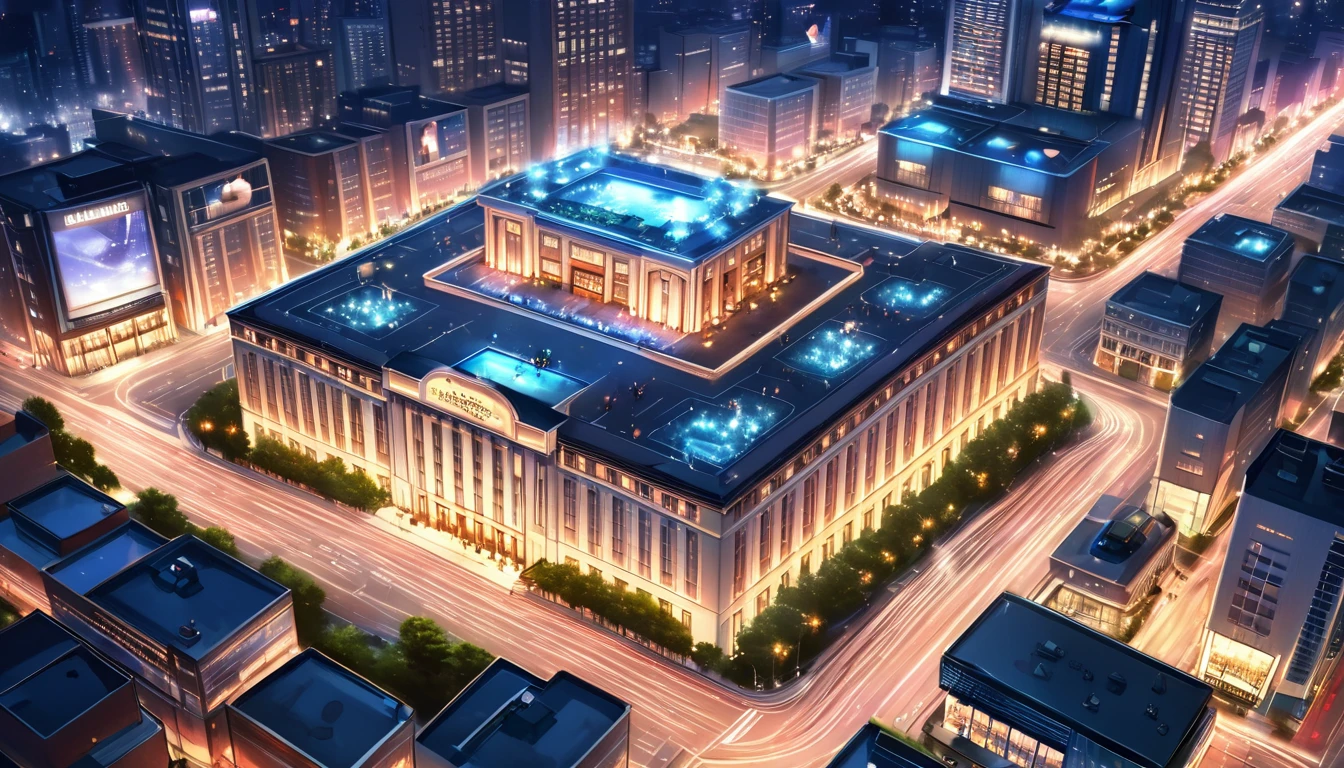 Anime-style aerial view of North City's nightscape, city lights sparkling, bustling streets with cars and people, five-star hotel entrance bustling with activity, photography flashes illuminating the scene