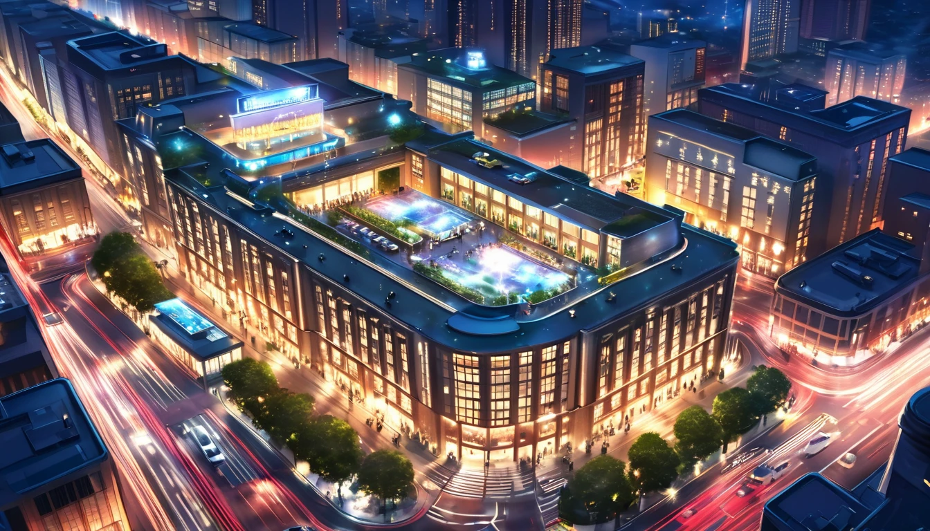 Anime-style aerial view of North City's nightscape, city lights sparkling, bustling streets with cars and people, five-star hotel entrance bustling with activity, photography flashes illuminating the scene