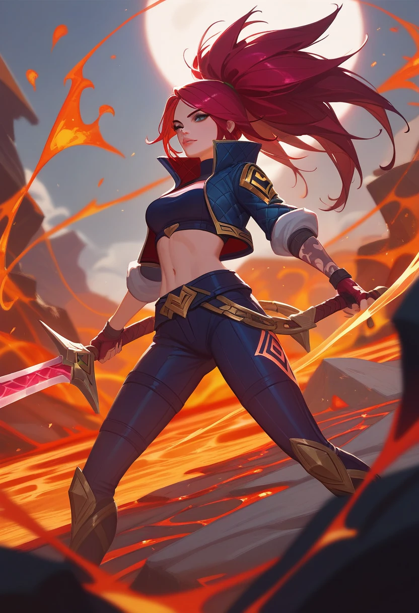 (Fraction_9,Fraction_8_Direction_7_up),1 a woman,(((bust))),Close-up of a woman holding a sword and fire,Lava Ink Art, Arcane spells, Katarina, League of Legends concept art, Game concept art, Akali, League of Legends Characters art, League of Legends Characters, LeBron, Samira from League of Legends, League of Legends style, official Ink Art, League of Legends style art,Crimson Moon,