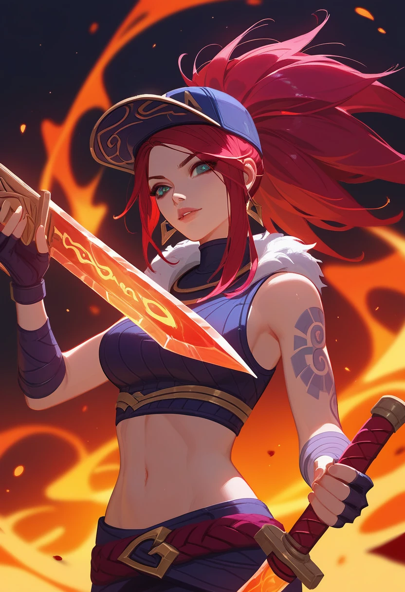 (Fraction_9,Fraction_8_Direction_7_up),1 a woman,（（（bust）））,Close-up of a woman holding a sword and fire,Lava Ink Art, Arcane spells, Katarina, League of Legends concept art, Game concept art, Akali, League of Legends Characters art, League of Legends Characters, LeBron, Samira from League of Legends, League of Legends style, official Ink Art, League of Legends style art，Crimson Moon，