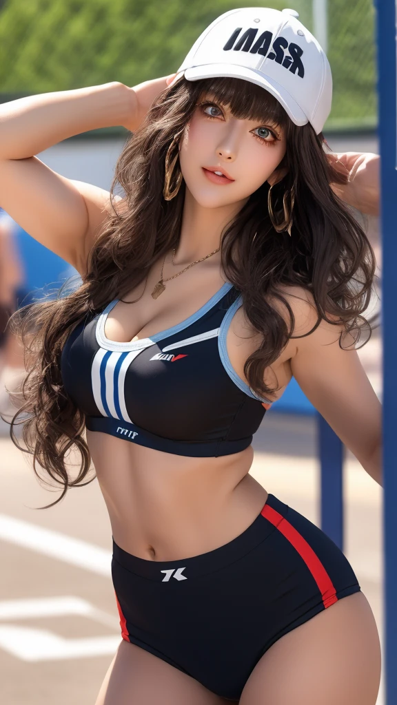 masterpiece, highest quality, pixiv, cool girl, the strongest sports girl, basketball, Popular Characters, baseball cap, Stylish sunglasses, Cute bra and panties, dark brown hair, curly hair, dull bangs, straight bangs, color contact lens eyes, gal, Improve、Heavy Big Tits、