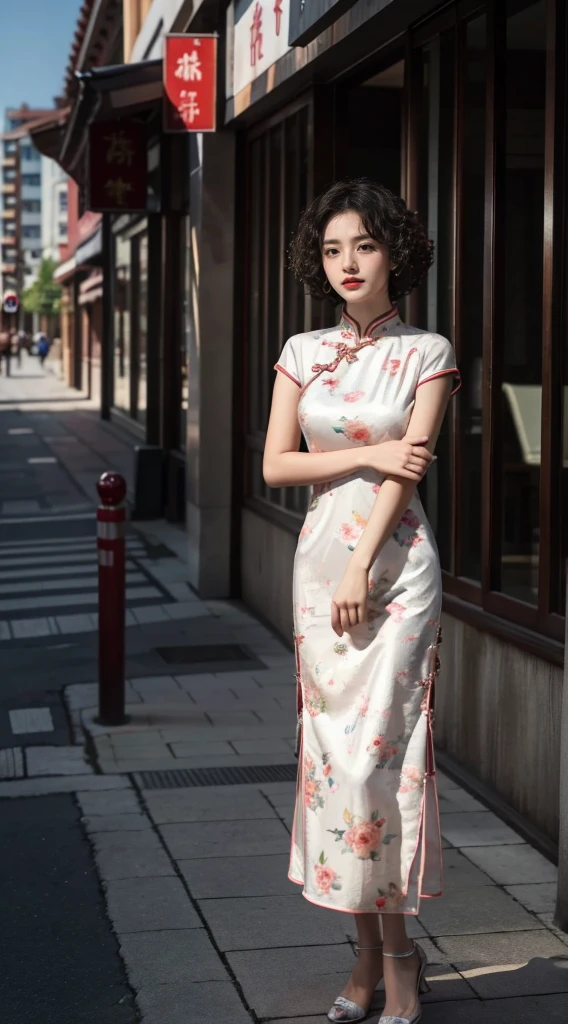RAW photos, best quality), (Photo-real:1.3), best quality, Very detailed, masterpiece, Ultra Detailed, illustration, 1 Girl,8k wallpaper，amazing，Level lighting effects，Natural soft lighting，Short curly hair，cheongsam，During the day，Exterior，street，For the audience，stand up