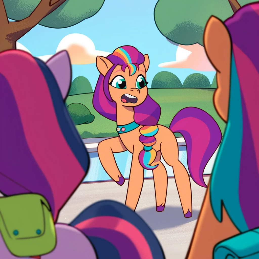 Sunny starscout and Twilight Sparkle of My little pony tell your tale Both ponies are chatting in the park. IDW Comic Style