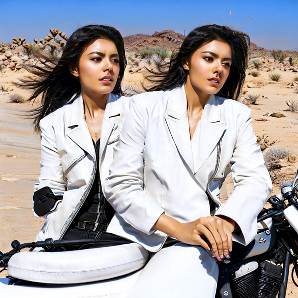 Atractive black eoman with white leather suit, riding a large displacement motorcycle, wavy hair loose in the wind, desert road background.