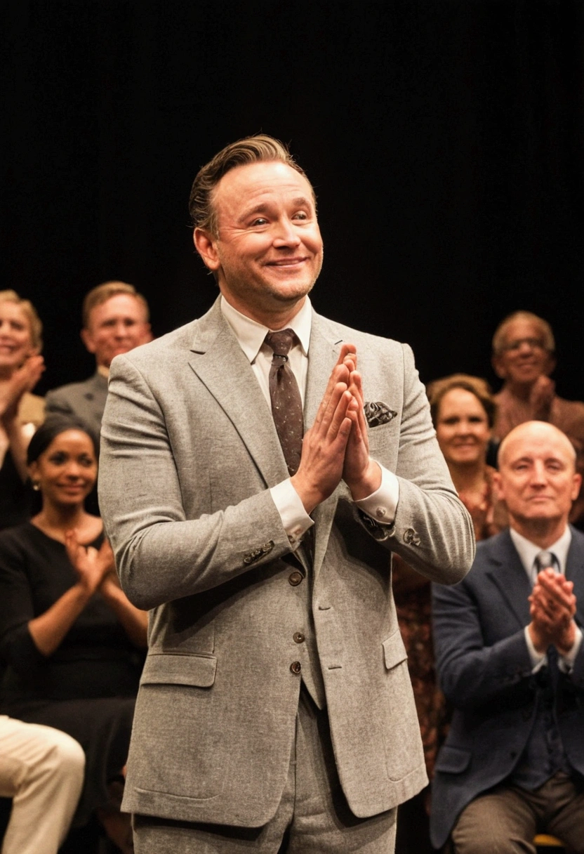 one  men, on a stage, facing an audience, being applauded