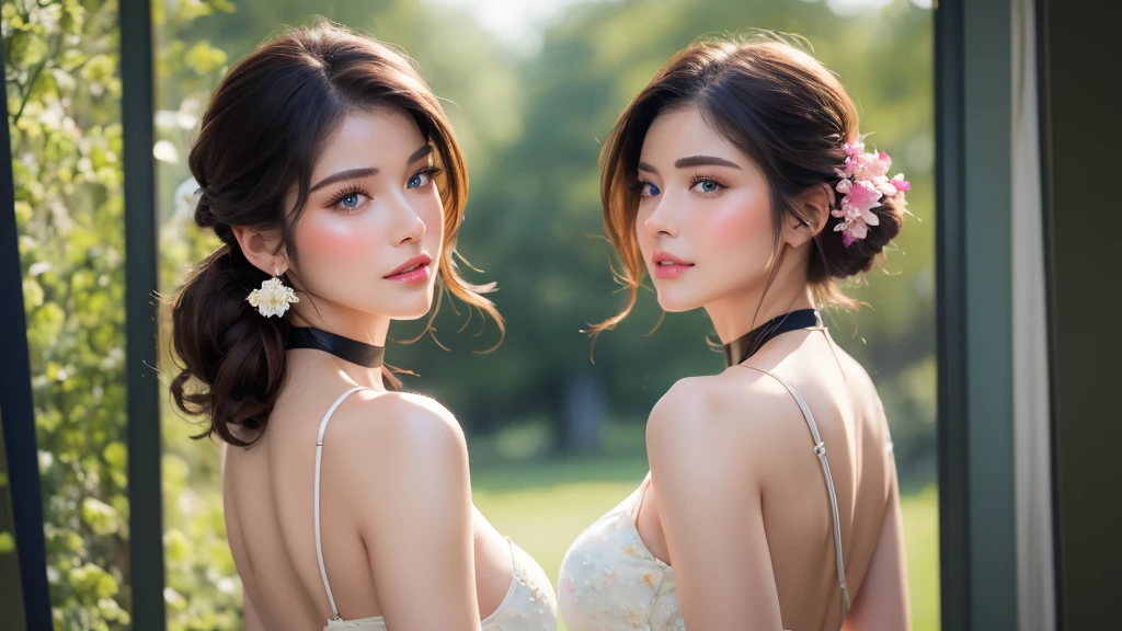(score_9, score8_up), (majestic:1.5), uhd:1.3, RAW photo,1girl, solo, very detailed perfect natural breasts, looking at viewer, blush, very detailed shinning short hair, bangs, very detailed glossy blue eyes, very detailed shinning black hair, hair ornament, dress, bare shoulders, jewelry, very detailed perfect natural medium breasts, standing, ass, flower, cowboy shot, earrings, very detailed full glossy lips, parted lips, detached sleeves, choker, looking back, indoors, hair flower, hair bun, from behind, black dress, see-through, petals, sleeveless dress, back, black choker, single hair bun, plant, red flower, side slit, pillar, digital art, professional style, detailed image, detailed perfect natural skin, blush, realistic eyes, extremely beautiful woman, ((masterpiece quality: 2)), light particles, attractive image, reflections, Details